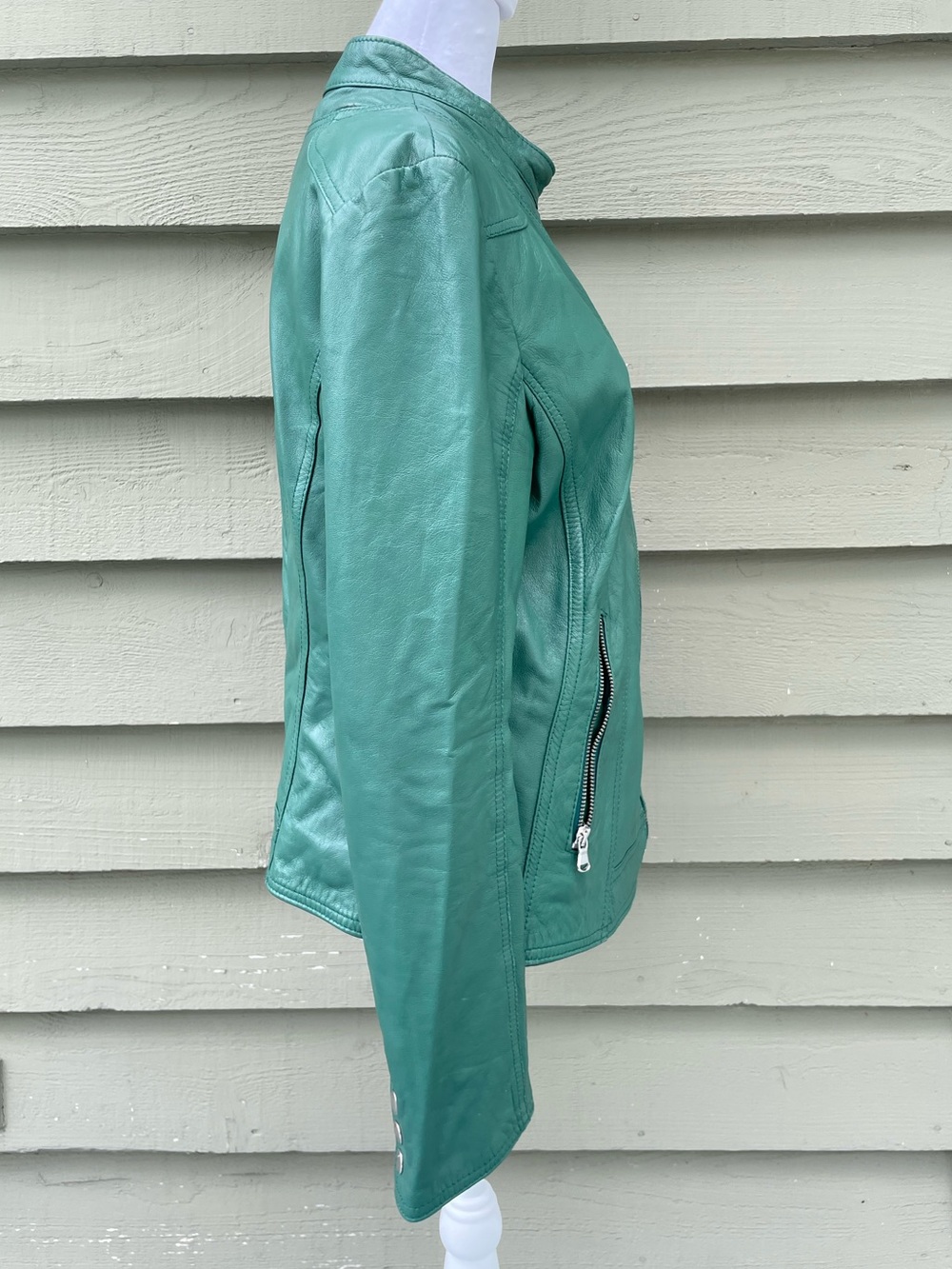 L.Y.N.N. by Carla Ferreri Women's Mint Green Leather Zip-Front Jacket size Large - Picture 6 of 10